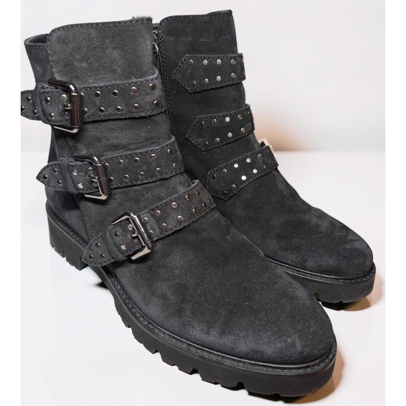 M. Gemi Black Suede Studded Strap Buckle Ankle Boots Women's Size 6.5